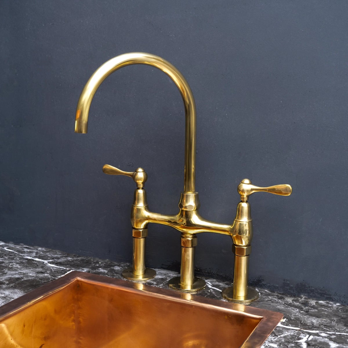 Unlacquered Brass Bridge Kitchen Faucet — Lever Handles + Side Sprayer | Copper Sink Collection | Handcrafted Morocco