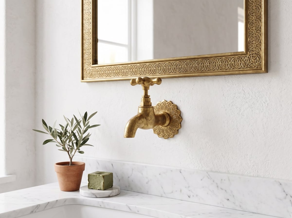 Moroccan Engraved Brass Wall Tap — Decorative Floral Backplate | Cross Handle | Hammam & Bathroom | Handcrafted Marrakesh