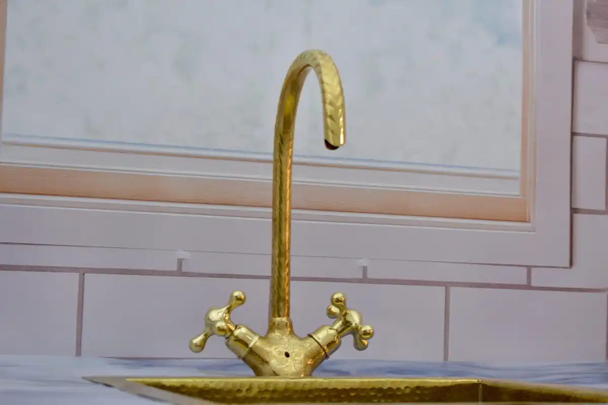 Gooseneck Bathroom Faucet, Bathroom Vanity Solid Brass Faucet, Unlacquered Brass with Simple Cross Handles