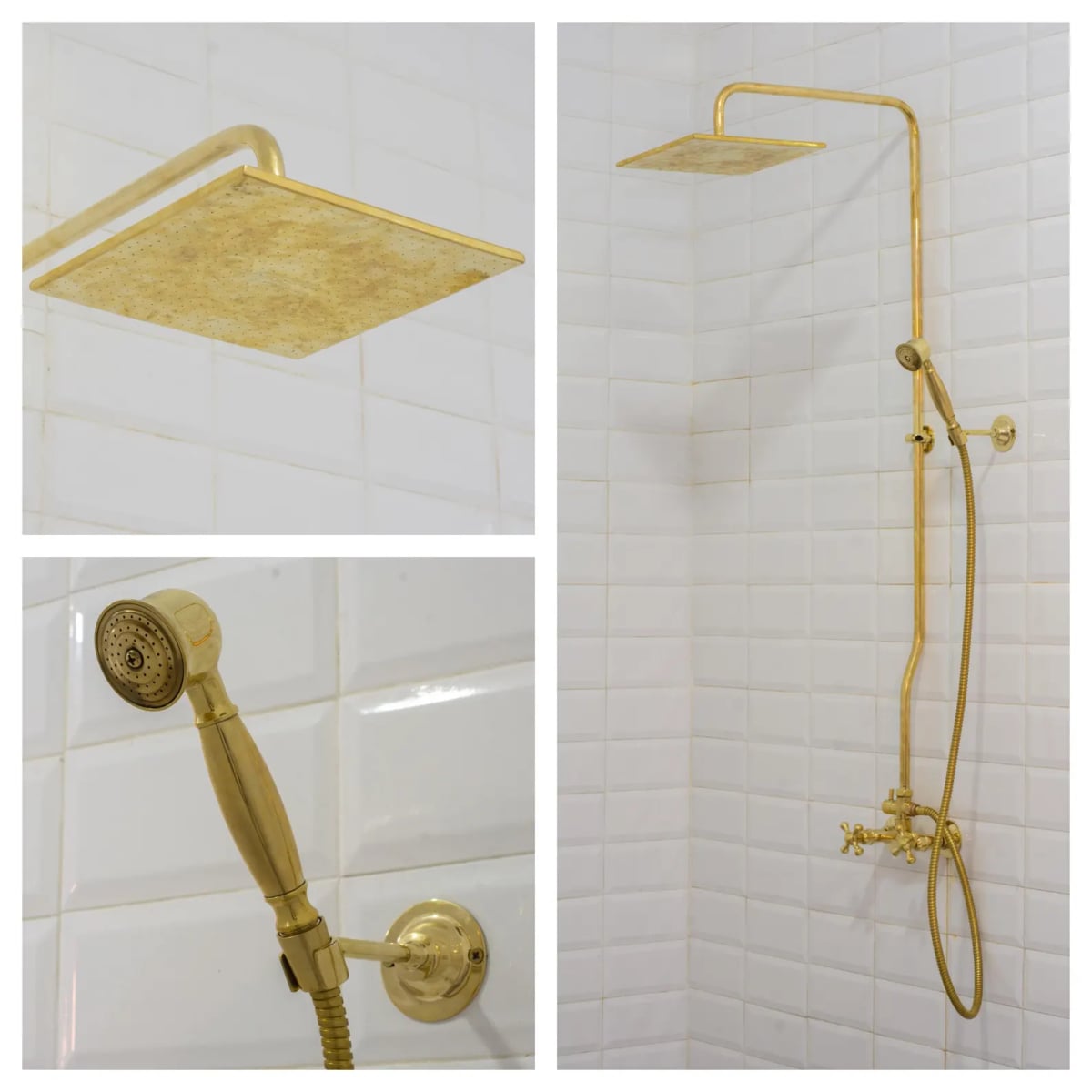 Unlacquered Brass Shower System — Square Rain Head + Hand Shower | Handcrafted Morocco