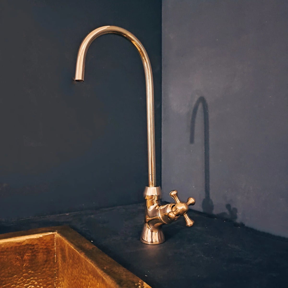 Unlacquered Brass Water Filter Tap — Gooseneck | Cross Handle | Single Hole | Handcrafted Morocco