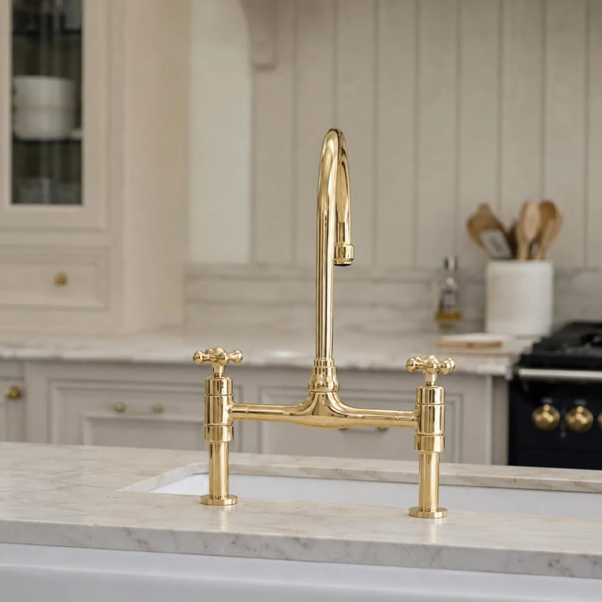 Unlacquered Brass Bridge Kitchen Faucet — Pull-Out Hand Sprayer | Cross Handles | Choice of Spout | Handcrafted Morocco