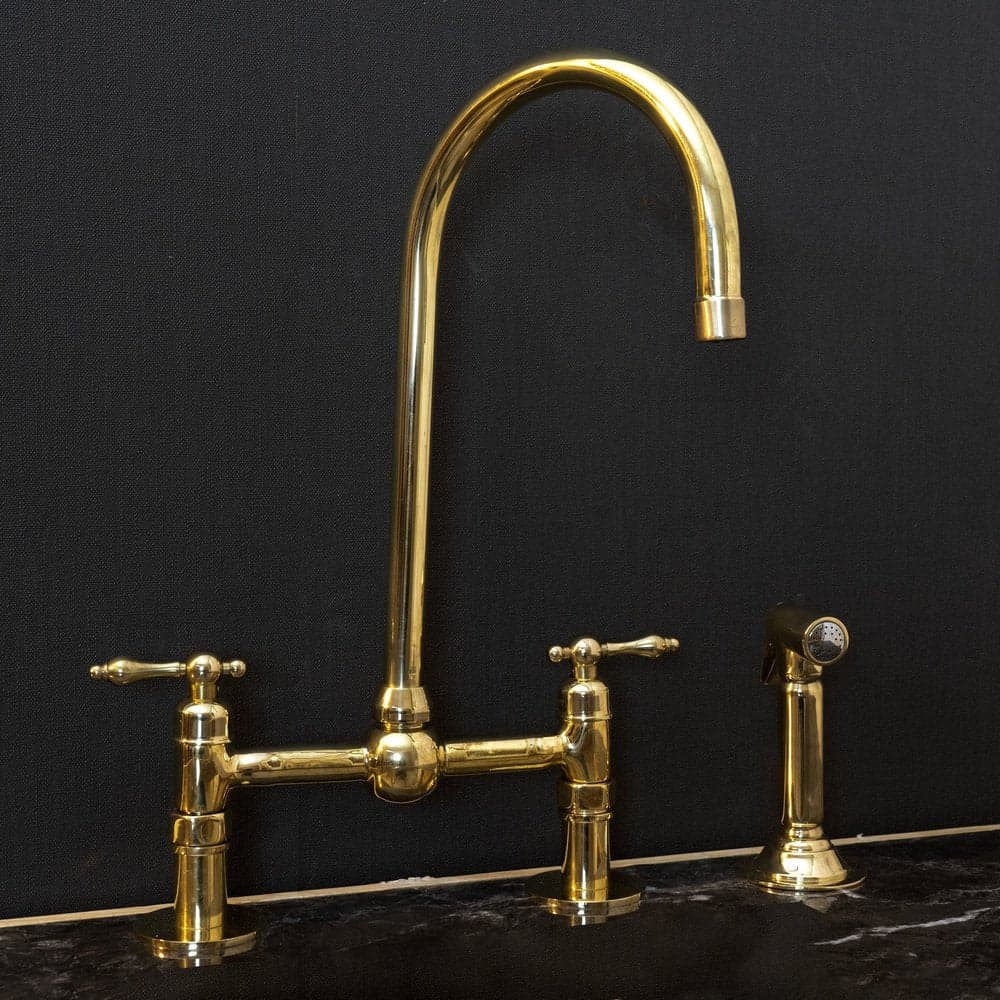 Unlacquered Brass Bridge Kitchen Faucet — Lever Handles + Side Sprayer | Handcrafted Morocco