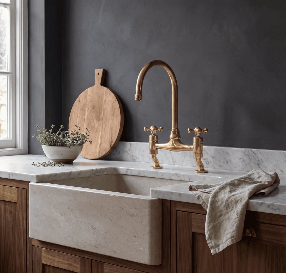 Unlacquered Brass Bridge Kitchen Faucet — Straight Neck | Victorian Cross Handles