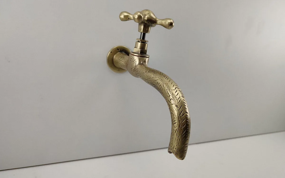 Engraved water faucet Bronze part Antique Vintage Water Faucet Brass Bronze Water Tap Old Golden bath decor Unusual old faucet Brass