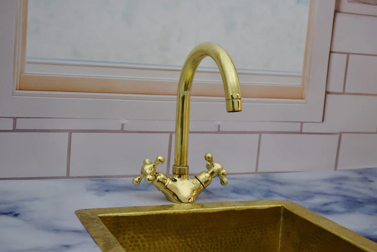Gooseneck Bathroom Solid Brass Faucet, Unlacquered Brass Faucet with Simple Cross Handles