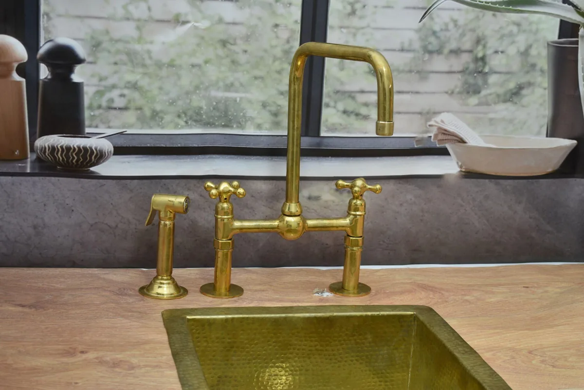 2-hole bridge kitchen faucet with sprayer - Solid Brass Bridge Faucet 8'' Ball Center with Straight Legs,