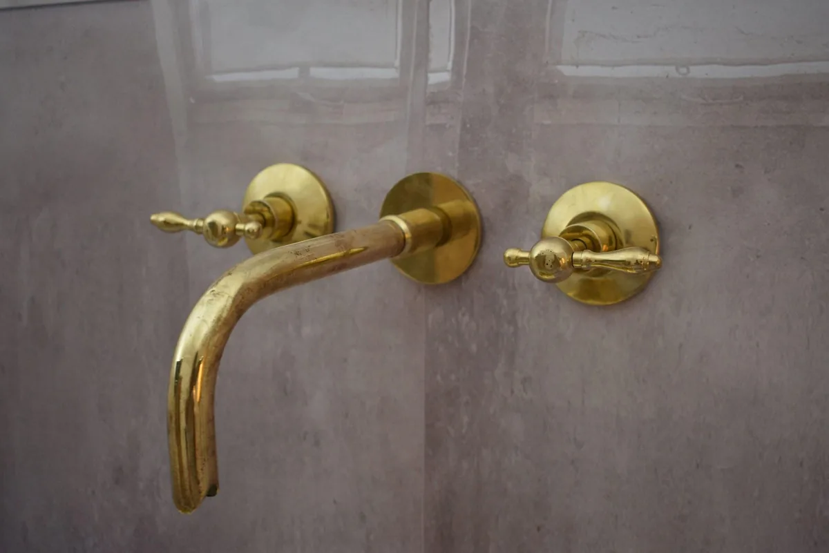 Unlacquered Brass Wall Mount Built Bathroom Vanity Sink Faucet With lever Handles