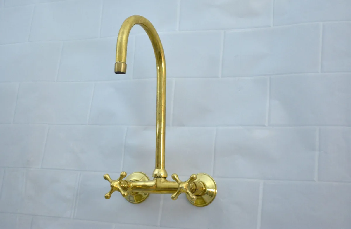 Wall Mounted Kitchen Faucet, Unlacquered Brass With Simple Handles  Wall Mounted Kitchen Faucet, Unlacquered Brass With Simple Handles
